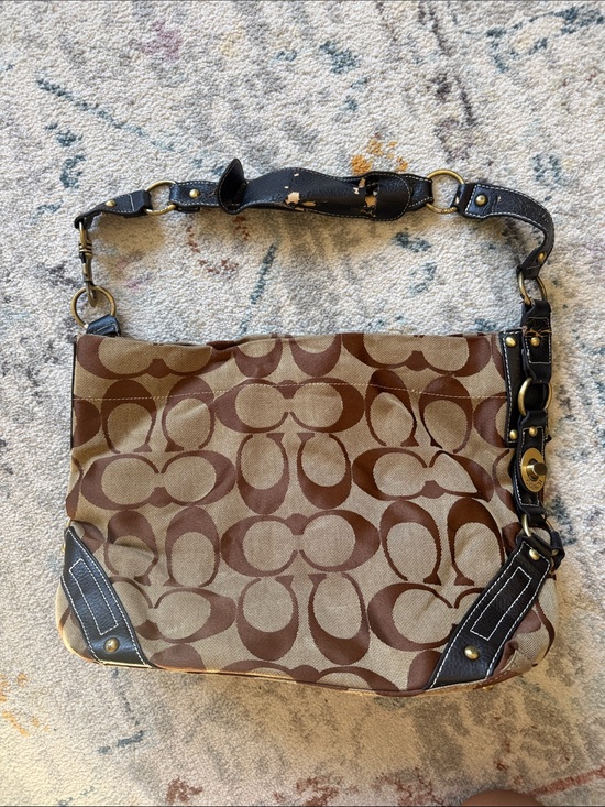 Coach Handbags - Coach Brown Signature Canvas Shoulder Bag with Dark Brown Leather Trim